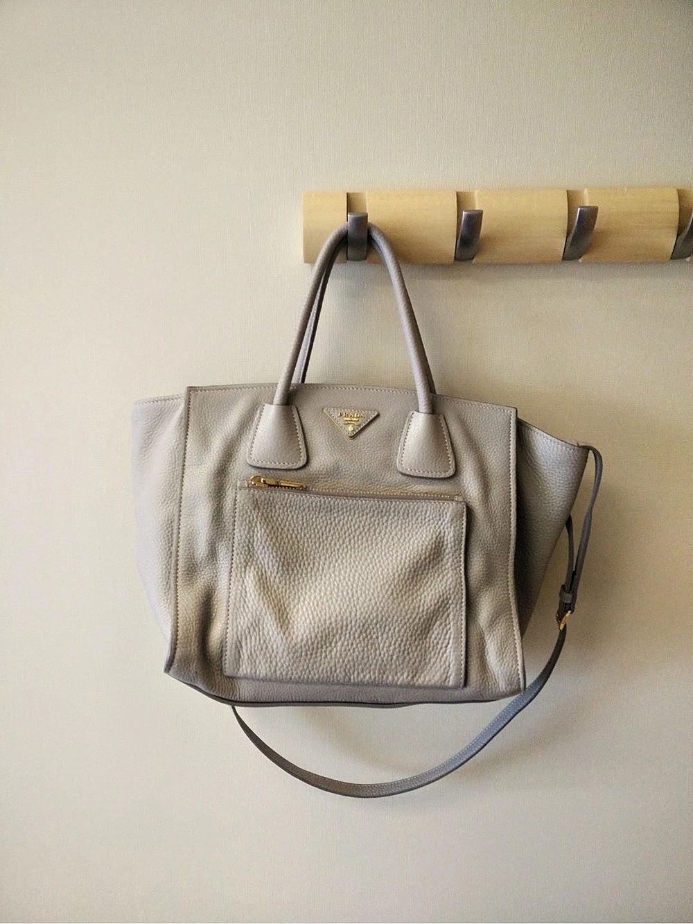 Prada Vitello Daino Front Pocket Tote Leather Tote in Gray